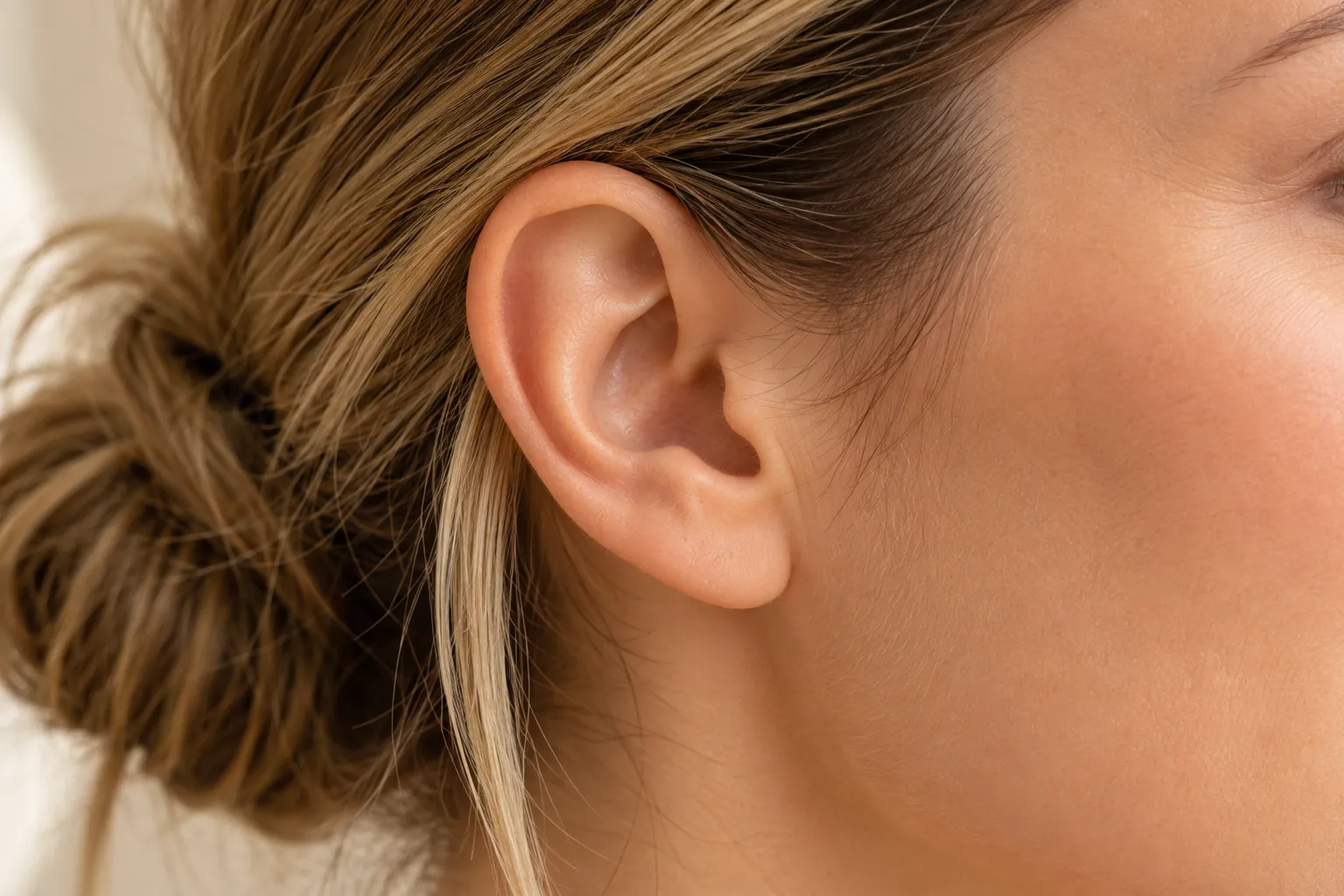 Orelha de uma mulher com o cabelo preso em coque, em close