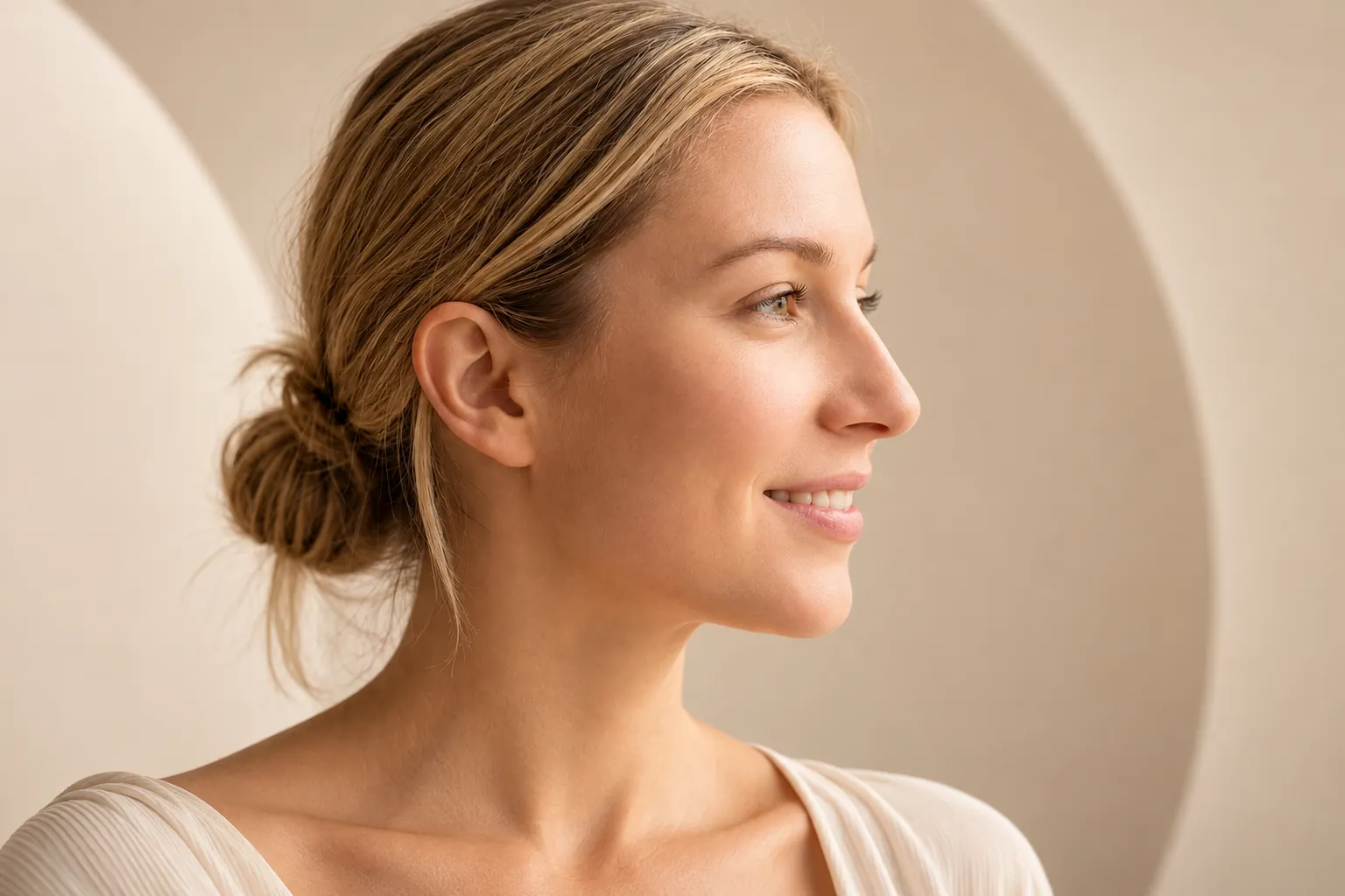 Mulher de perfil sorrindo, com o cabelo preso, em fundo bege